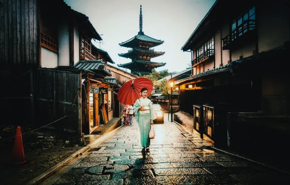 Car, woman, umbrella, street, village, raining