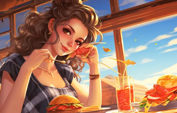Картинка sky, food, clouds, women, drink, sitting, earring, wavy hair
