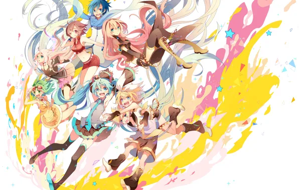 Картинка vocaloid, вокалоид, стиль, краски, персонажи, арт, аниме, белый фон