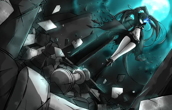 Картинка девушка, ночь, луна, аниме, шахматы, фигуры, black rock shooter, стрелок с черной скалы