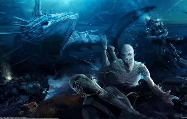 Картинка водолаз, акула, монстры, Bruno Wagner