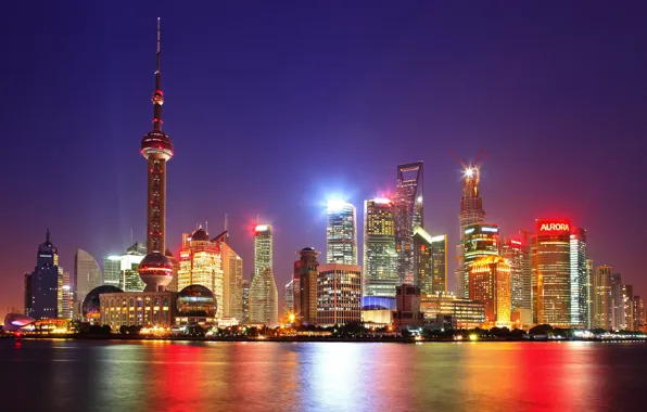 Ночь, огни, China, небоскребы, Китай, Shanghai, Шанхай