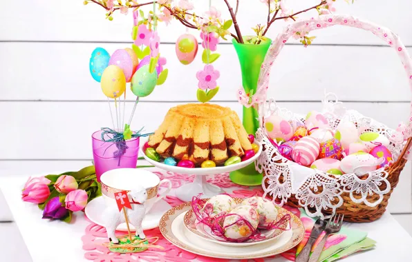 Картинка корзина, яйца, весна, пасха, чашка, тюльпаны, кулич, flowers
