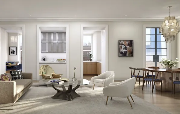 Интерьер, кухня, NYC, гостиная, столовая