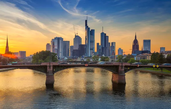 Мост, река, дома, Германия, зарево, Франкфурт-на-Майне