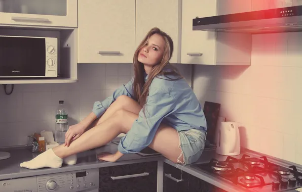 Девушка, Girl, Кухня, Beautiful, Bed, Красивая, Kitchen, Mike