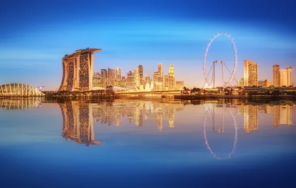 Картинка море, пейзаж, lights, огни, небоскребы, Сингапур, архитектура, мегаполис