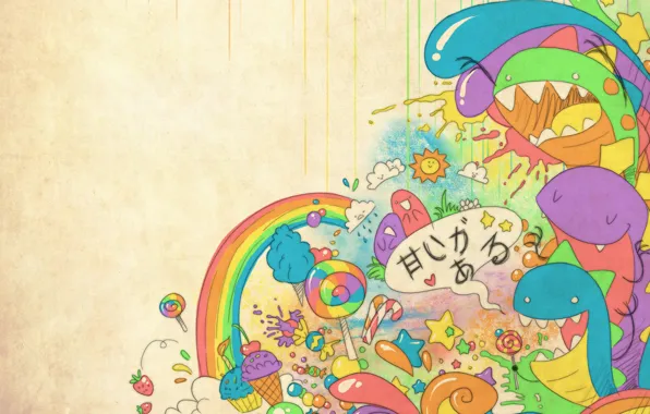 Картинка радость, абстракция, радуга, конфеты, мороженое, монстрики