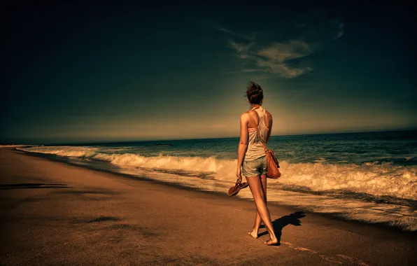 Море, девушка, побережье, спина, сумка