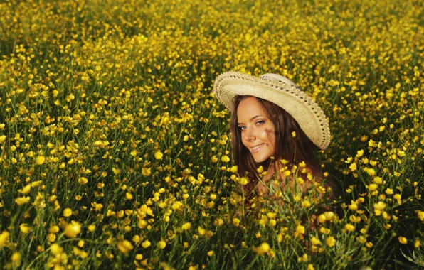 Поле, цветы, природа, модель, шляпа, Katya Clover