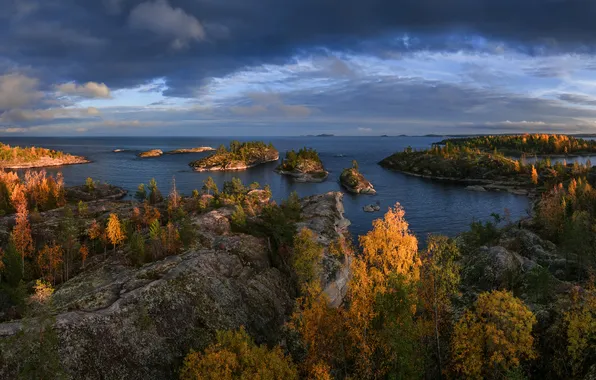Картинка осень, деревья, озеро, скалы, Россия, Ладожское озеро, Карелия, Ладога