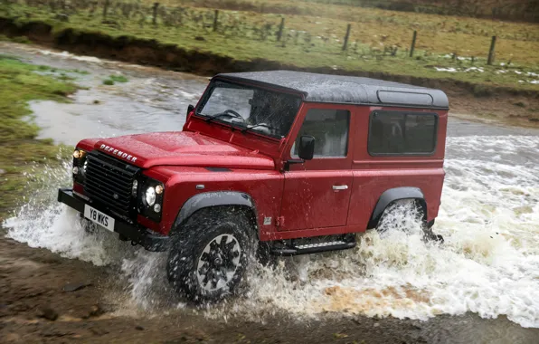 Картинка вода, брызги, красный, движение, внедорожник, Land Rover, 2018, Defender
