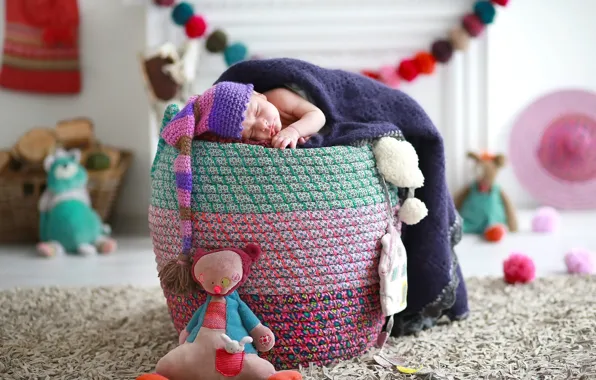 Игрушки, сон, мальчик, спит, шапочка, младенец