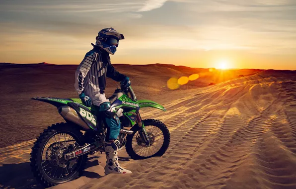 Sunset, motorcycle, sand, dunes