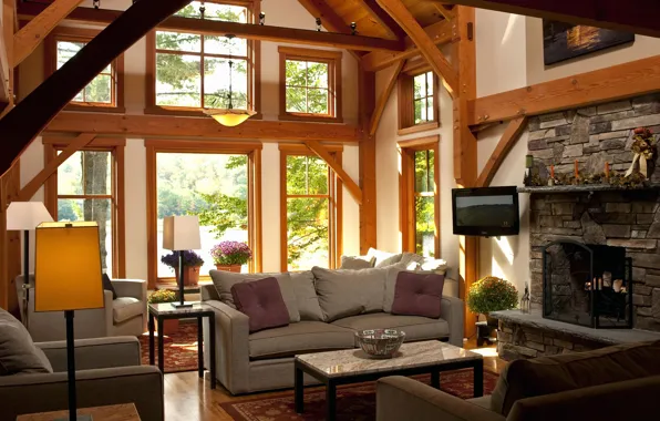 Интерьер, камин, гостиная, rustic style