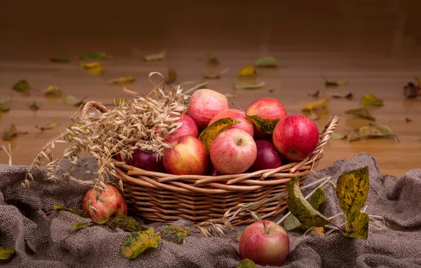 Картинка осень, листья, корзина, яблоки, колосья, фрукты