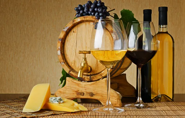 Картинка вино, красное, белое, кран, сыр, бокалы, виноград, бутылки