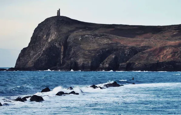 Waves, tower, sea, mountains, rocks, castle, wind, cliff