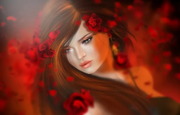 Картинка девушка, цветы, красный, волосы, розы, брюнетка