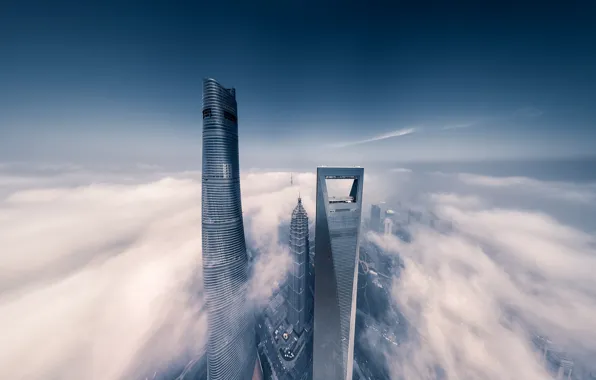 Небо, облака, город, туман, Китай, Шанхай