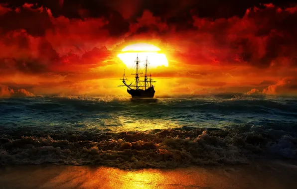 Море, закат, корабль, зарево