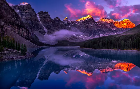 Горы, озеро, отражение, рассвет, утро, Канада, Альберта, Banff National Park