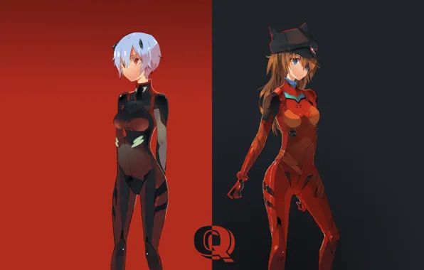 Аниме, две девушки, Anime, персонажи, Evangelion, Neon Genesis, красно-черный фон
