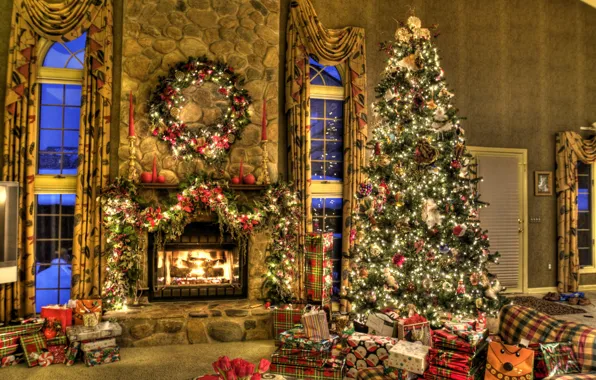 Картинка дом, настроение, праздник, игрушки, елка, подарки, Новый год, камин