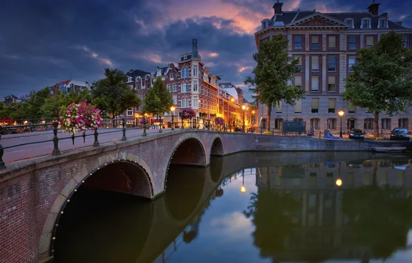 Картинка деревья, мост, отражение, здания, Амстердам, канал, Нидерланды, набережная