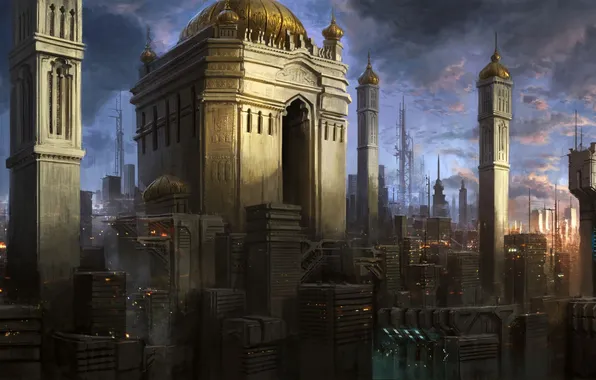 Картинка город, будущее, арт, храм, купол, мегаполис, Michal Kus