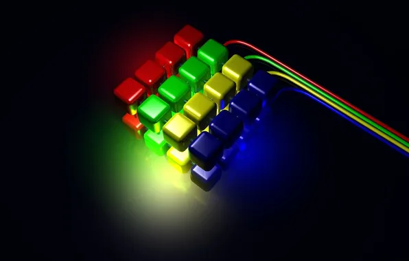 Компьютер, свет, обои, кубики, провода, цвет, windows, полумрак