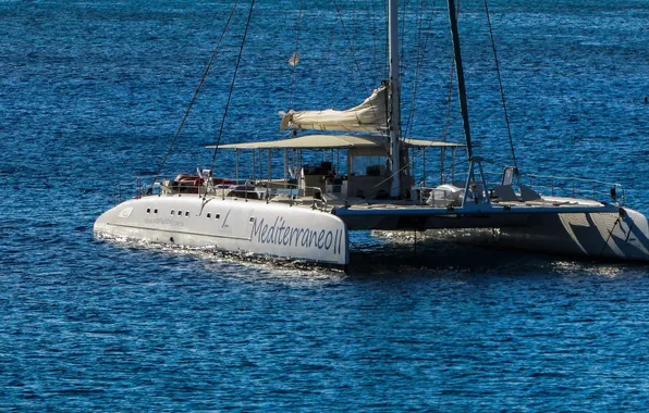 Море, яхта, мачта, катамаран, такелаж, Средиземное море, на якоре, Mediterraneo II