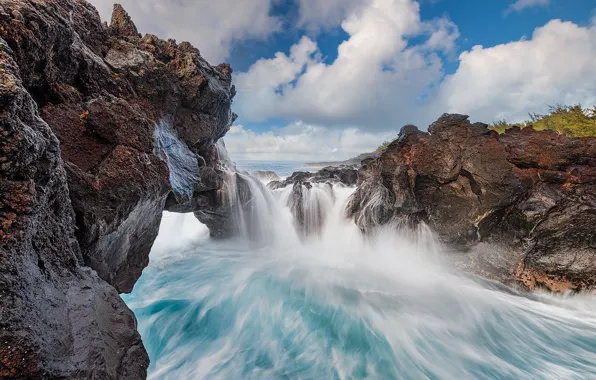 Океан, скалы, побережье, водопад, Индийский океан, Indian Ocean, Reunion Island, Остров Реюньон