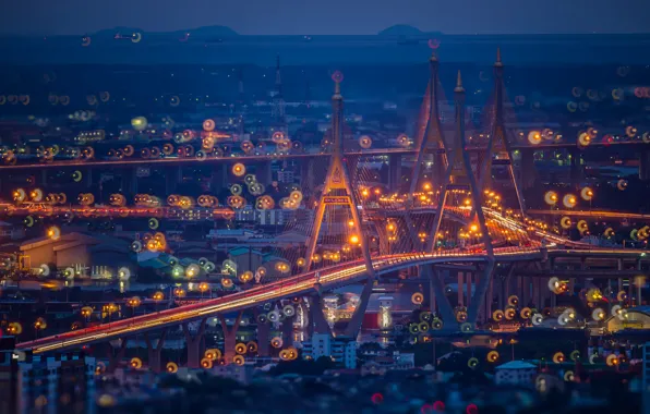 Картинка ночь, огни, вечер, Таиланд, соединяет южный Бангкок и провинцию Самутпракан, мост Дипангкорн Расмийоти, สะพานภูมิพล, Bhumibol …