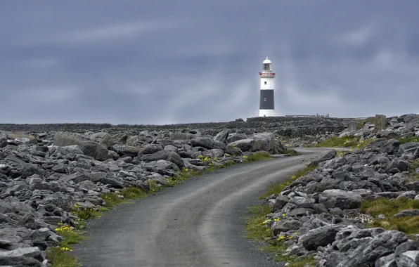 Картинка дорога, камни, маяк, Ирландия, Aran Islands
