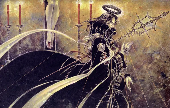 Сияние, кровь, крест, свечи, жезл, trinity blood, нимб, распятие