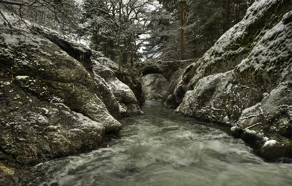 Картинка снег, мост, парк, река, поток, Испания