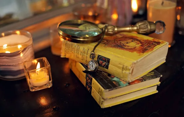 Candles, table, clock, miscellanea, magnifying glass, Books, pocket watch