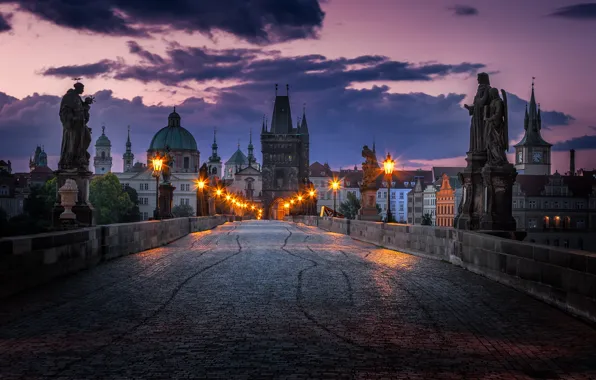Картинка облака, мост, огни, Прага, Чехия