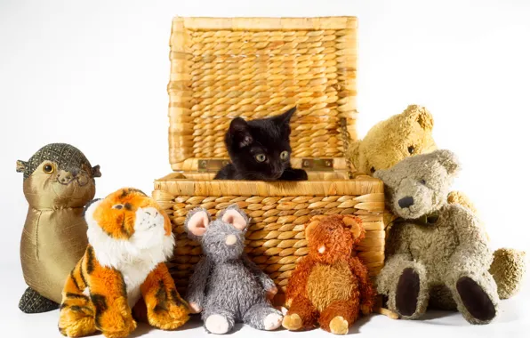 Картинка корзина, игрушки, котёнок, чёрный котёнок