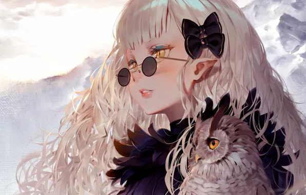 Картинка Girl, long hair, anime, art, birds, glasses, artwork, owl