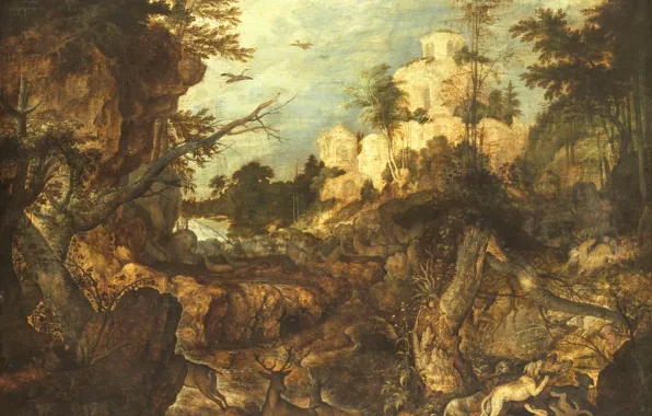 Масло, картина, Рулант Саверей, 1620, Охота на кабана. Скалистый пейзаж, Roelant Savery