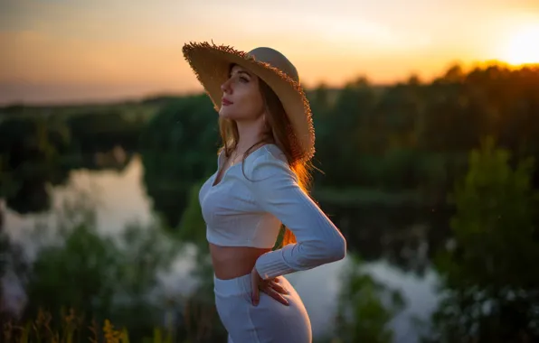 Картинка sky, trees, nature, sunset, lake, model, women, brunette