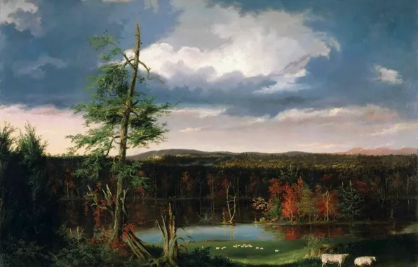 Картинка осень, лес, небо, облака, пейзаж, озеро, дерево, картина