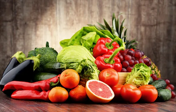 Картинка виноград, перец, фрукты, овощи, помидоры, мандарины