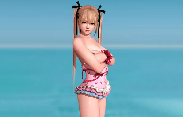 Girl, sexy, cleavage, long hair, sea, boobs, anime, beautiful
