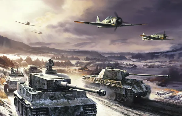 Картинка зима, Тигр, Германия, самолеты, Пантера, Армия, история, танки