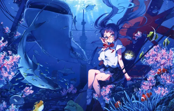 Картинка девушка, свет, рыбы, дельфин, пузыри, провода, черепаха, акула