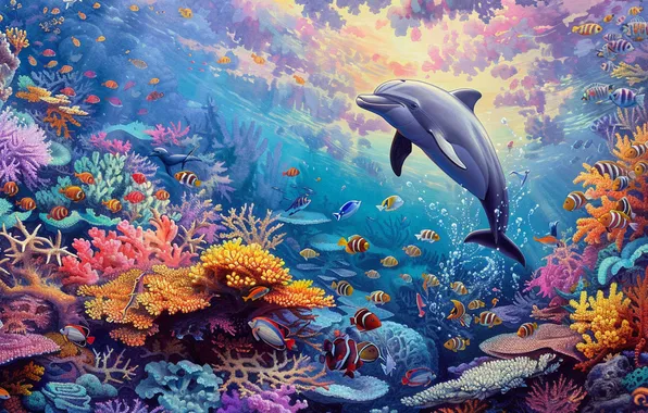 Рыбы, Дельфин, Подводный мир, Цифровое искусство, Коралл, ИИ-арт, Искусство искусственного интеллекта, Нейросеть