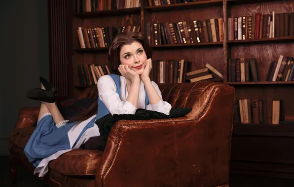 Model, women, cosplay, Beauty and the Beast, library, Ilona Bugaeva, women indoors, Belle (Disney)